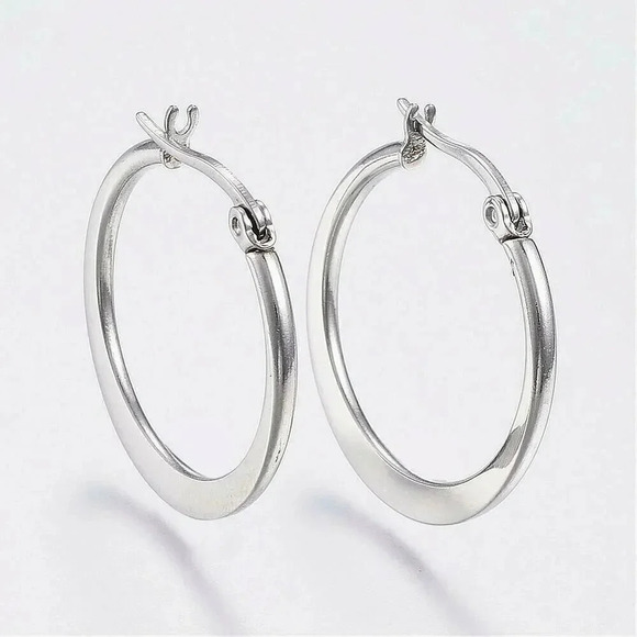 Surgical Stainless Steel Bladed Round 26x25mm Silver Hoop Earrings - Picture 1 of 2